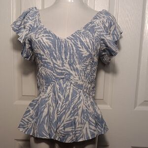 Elegant Blue and White Ruffle Sleeve Blouse